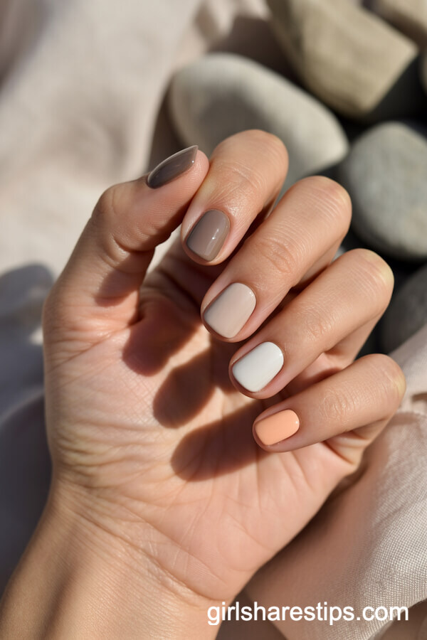 Five-Tone Neutral Manicure on Short Square Nails