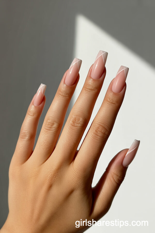 Pinky Nude Coffin Nails with Geometric Neutral Tips