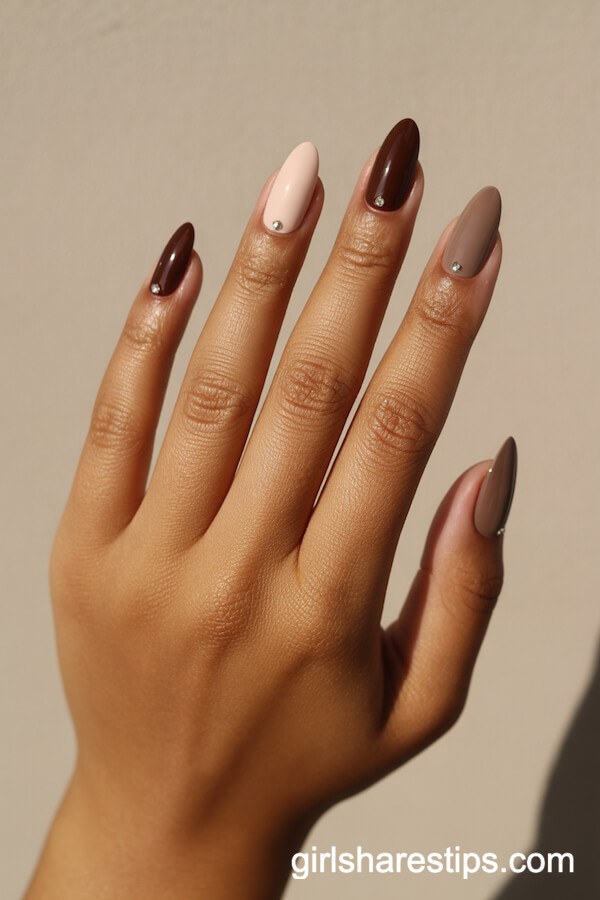 Espresso, Nude, and Taupe Nails with Neutral Gemstones