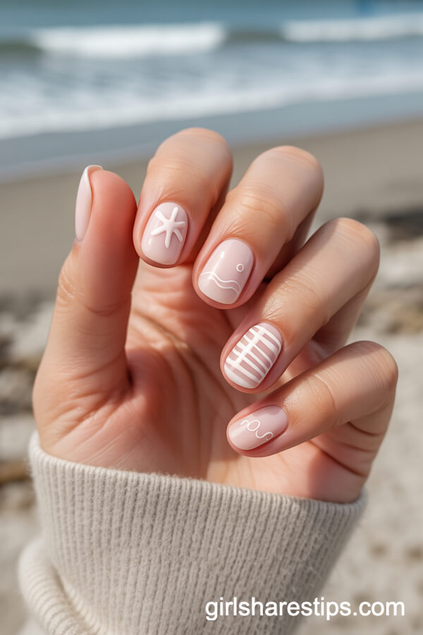 Milky Pink Oval Nails with Minimalist White Beach-Inspired Designs