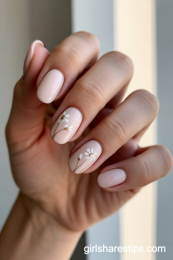 Minimalist Floral Accent Nails on Soft Neutral Almond Base