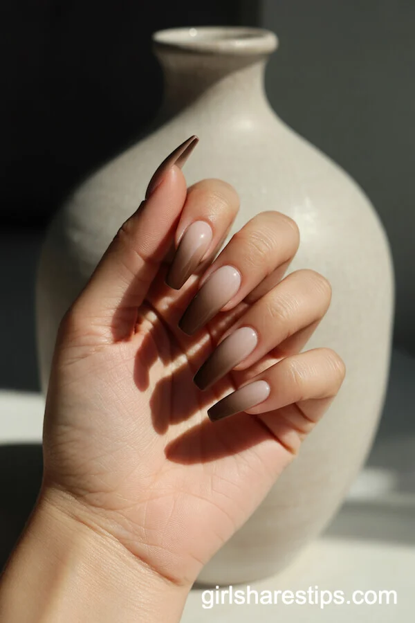 Latte Brown Ombre on Long Coffin Nails