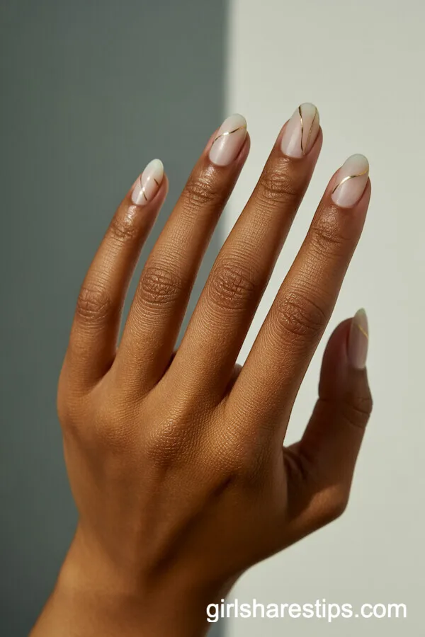 Milky Beige Oval Nails with Minimalist Gold Lines