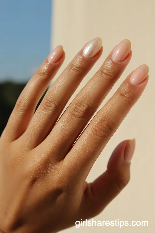 Neutral Glossy Nude Nails with Pearly Shimmer Accent