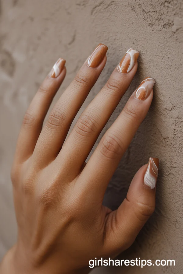 Caramel and White Marble Effect on Square Nails