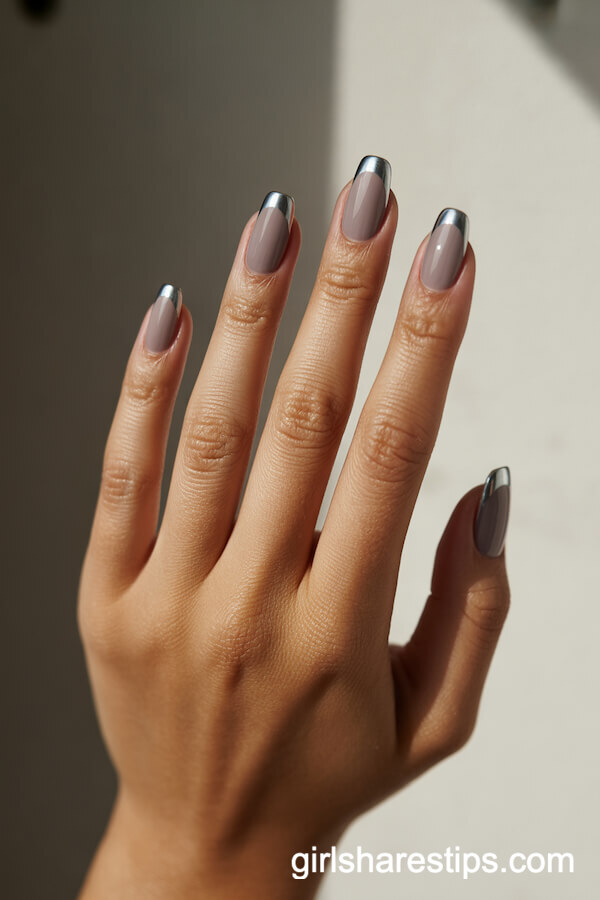 Cool Greige Squoval Nails with Metallic Chrome French Tips