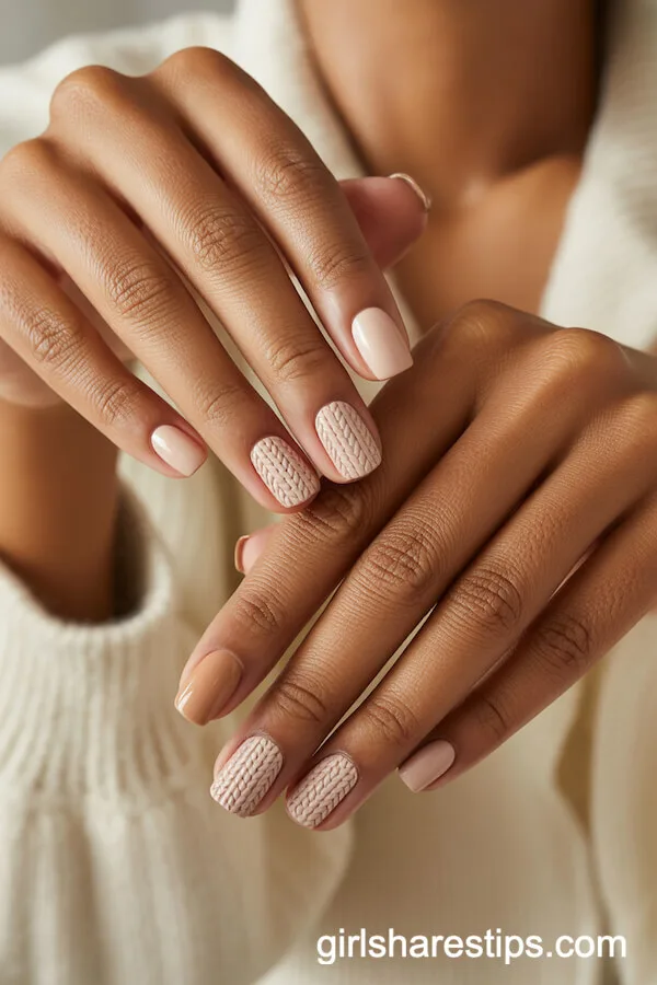 Tan and Sweater-Inspired Square Nails