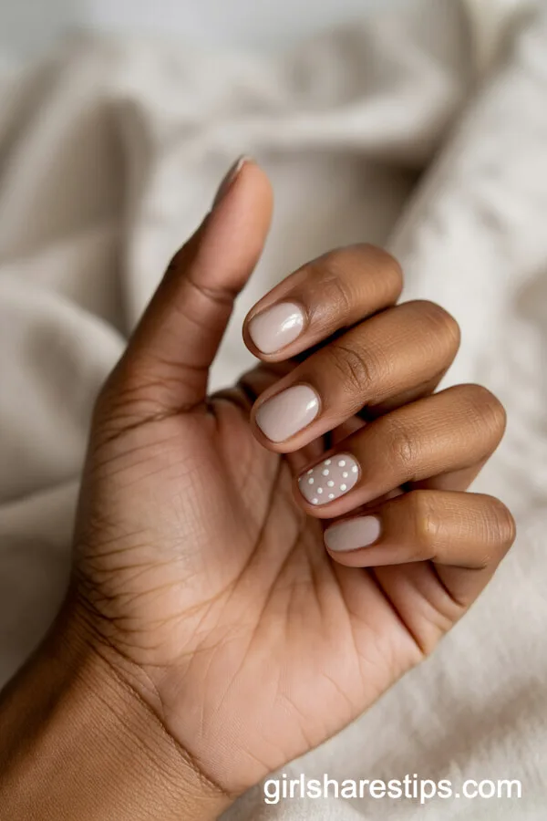 Nude Beige Short Nails with White Polka Dots