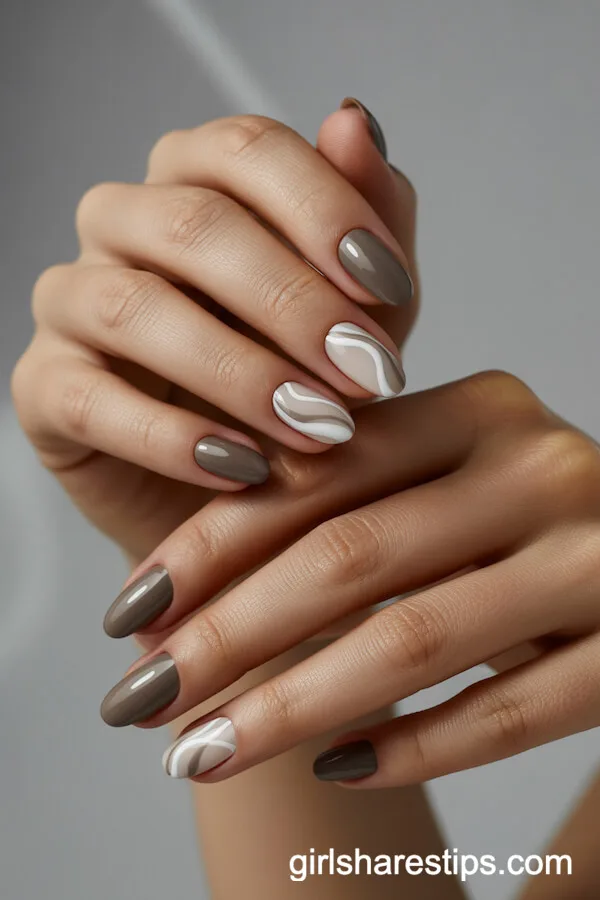 Taupe Almond Nails with Abstract White and Beige Lines