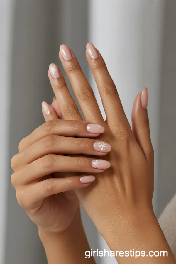 Soft Pink Nude Round Nails with Snowflake Accents