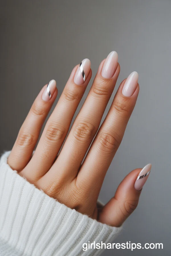 Nude Almond Nails with Silver Stripe Accents