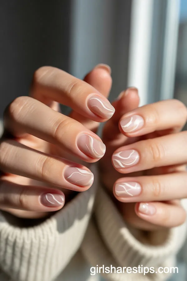 Sheer Nude Squoval Nails with Beige Swirls