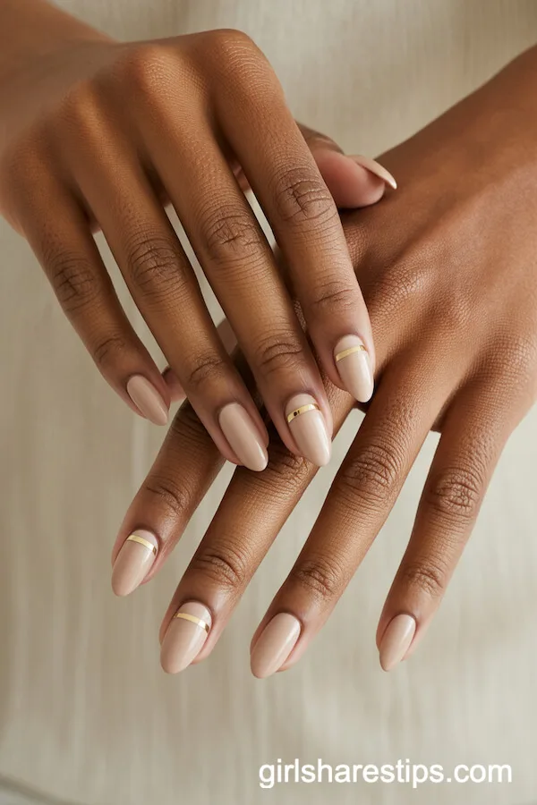 Beige Nude Almond Nails with Gold Stripe