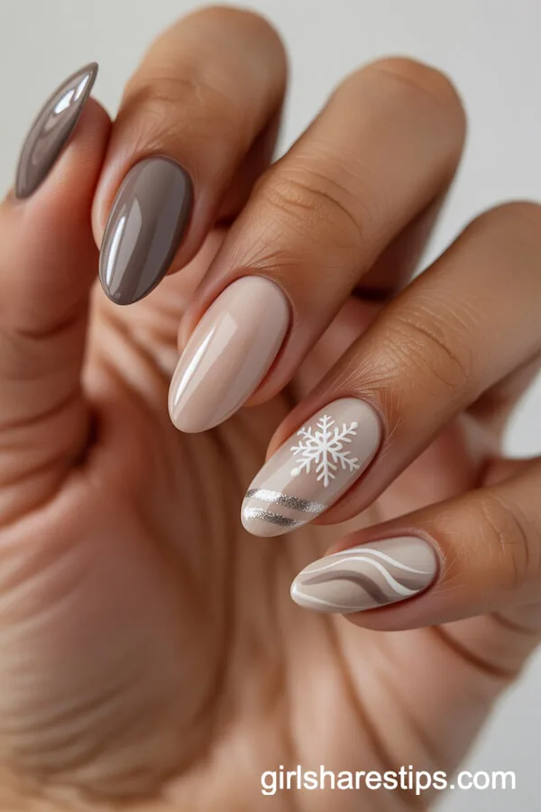 Mixed Neutral Almond Nails with Winter Designs