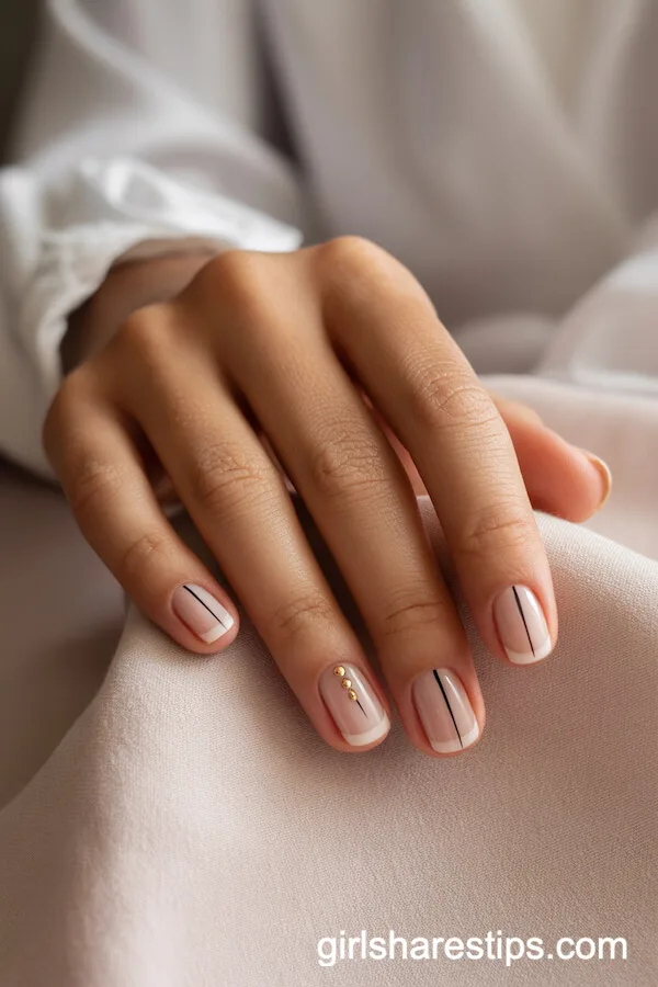 Sheer Nude Short Nails with Black Line and Gold Dot