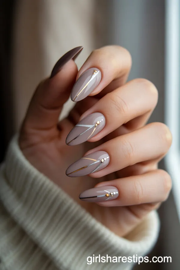 Matte Mushroom Stiletto Nails with Metallic Accents