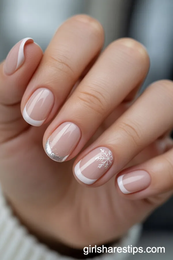 Minimalist French Snowflake Nude Nails