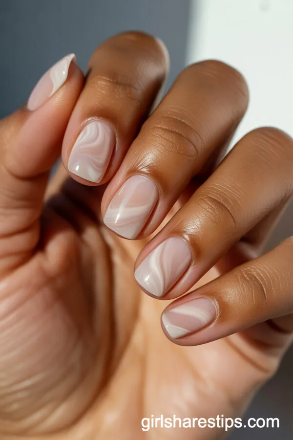 Nude and White Marble Squoval Nails