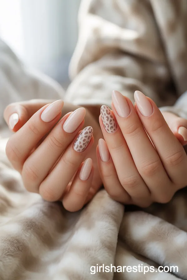 Pale Beige Almond Nails with Neutral Leopard Accent