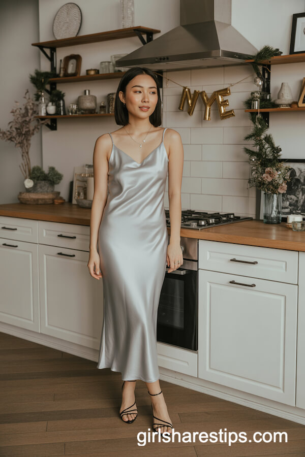 Silver Bias-Cut Slip Dress with Minimalist Jewelry