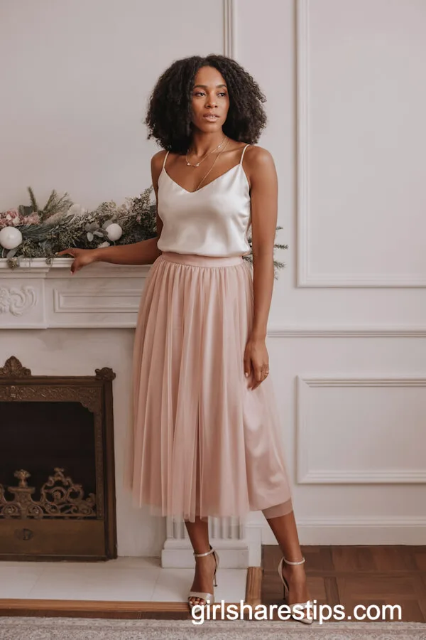 Blush Pink Tulle Midi Skirt with Satin Camisole