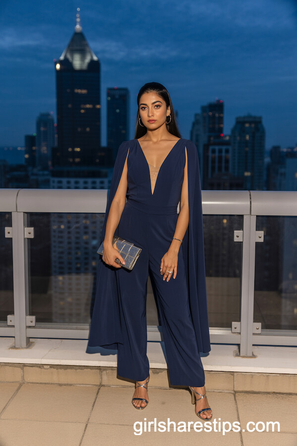 Navy Blue Jumpsuit with Dramatic Cape Detail