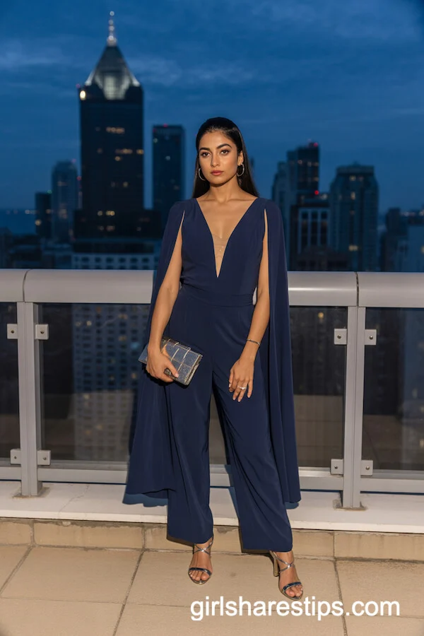 Navy Blue Jumpsuit with Dramatic Cape Detail