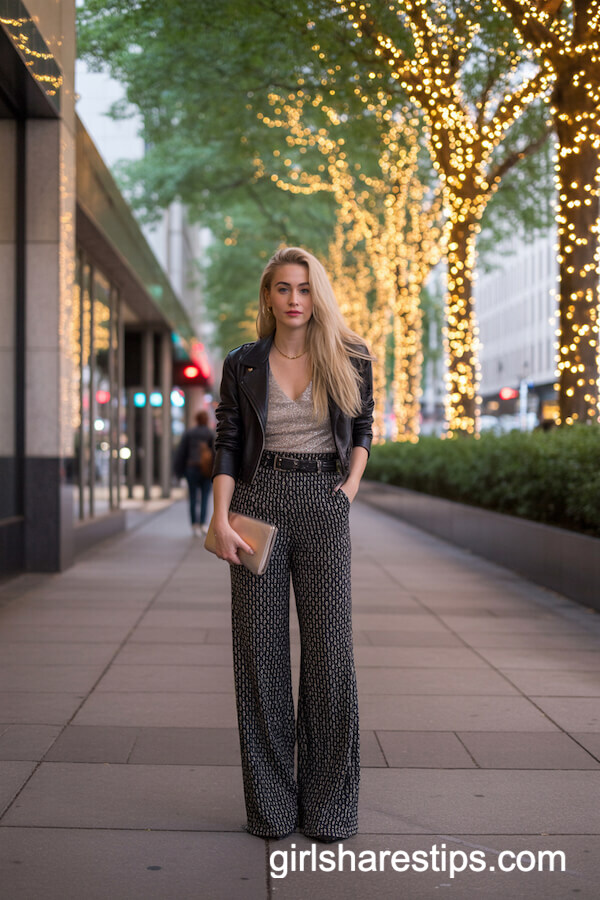 Patterned Wide-Leg Trousers Sparkly Top