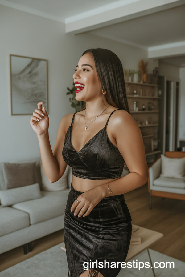 Black Velvet Burnout Crop Top and Pencil Skirt Set