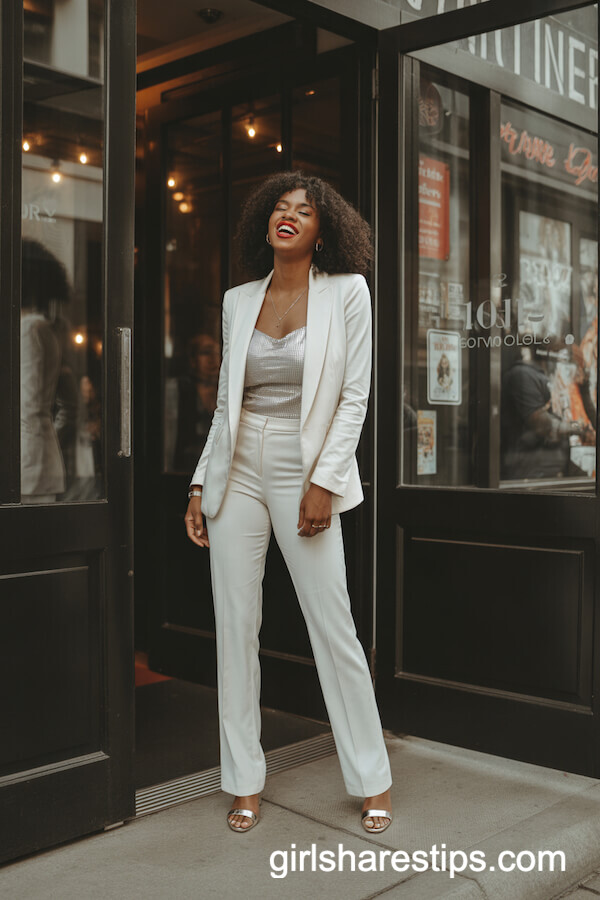 White Tailored Pantsuit with a Sparkling Camisole