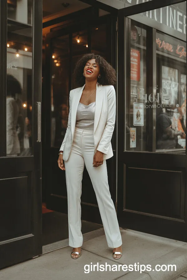White Tailored Pantsuit with a Sparkling Camisole