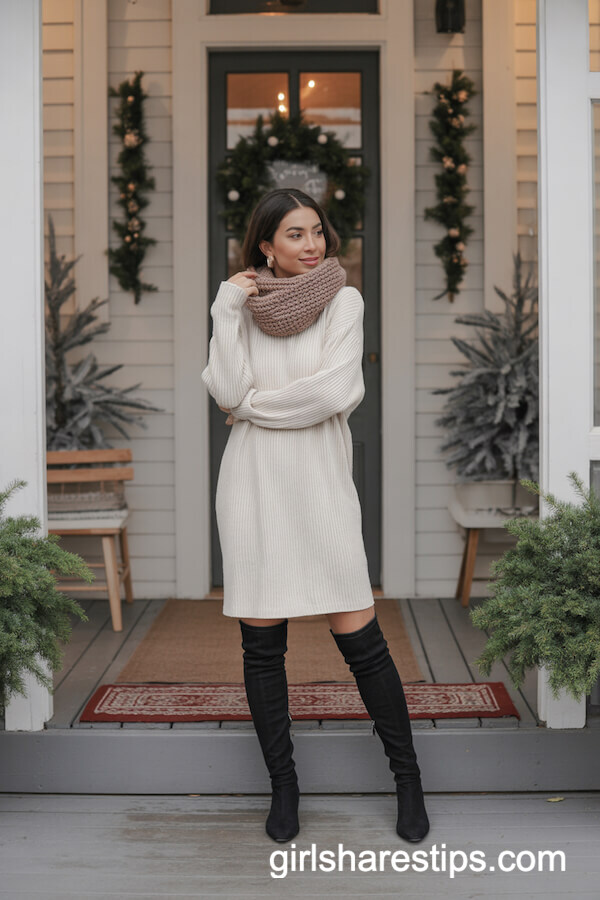 Ivory Sweater Dress and Over-the-Knee Boots Combo
