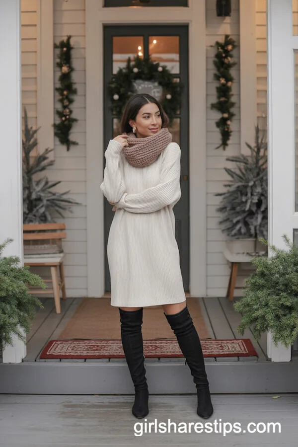 Ivory Sweater Dress and Over-the-Knee Boots Combo