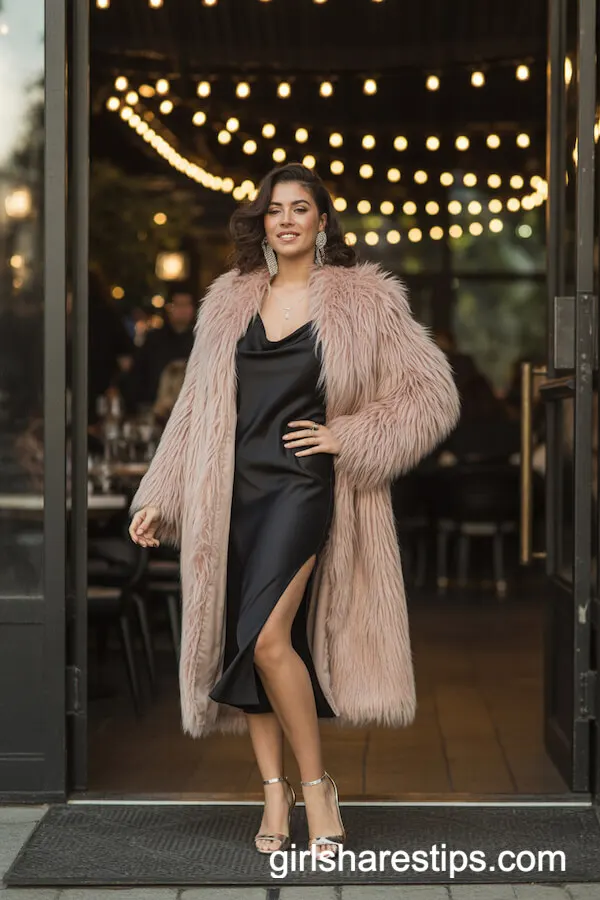 Black Slip Dress with Long Blush Pink Faux Fur Coat