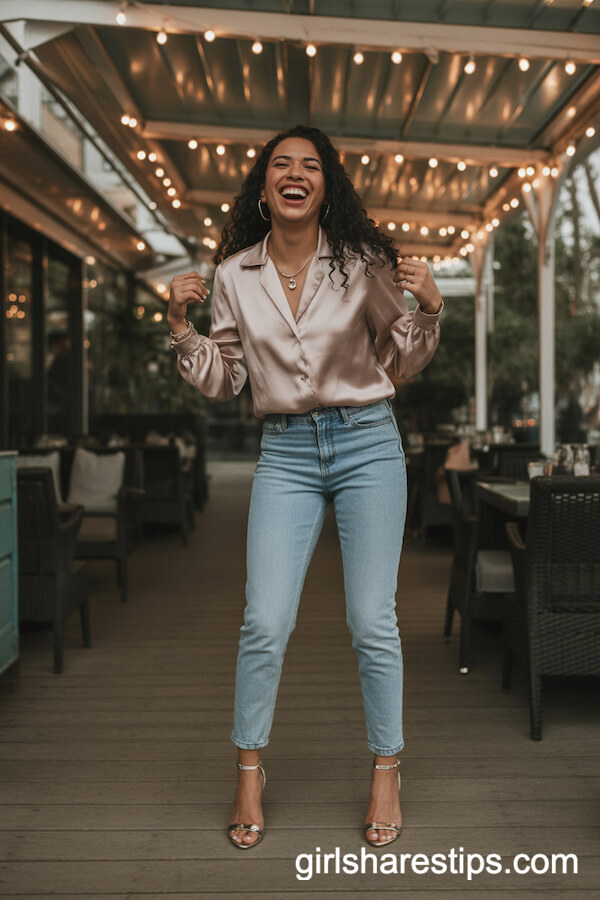Satin Blouse with Skinny Jeans and Heeled Sandals Look  

- **Satin Blouse**: Opt for a sleek, feminine blouse in a soft hue like blush or champagne for an elegant touch.  
- **Skinny Jeans**: Choose high-waisted, dark-wash jeans to balance the blouse’s fluidity and elongate the legs.  
- **Heeled Sandals**: Nude or metallic strappy sandals add height and polish, complementing the outfit’s sophistication.  
- **Accessories**: Delicate gold jewelry and a structured mini bag keep the look refined.  
- **Styling Tip**: Tuck the blouse fully or partially for a tailored silhouette, and cuff jeans slightly to highlight the sandals.