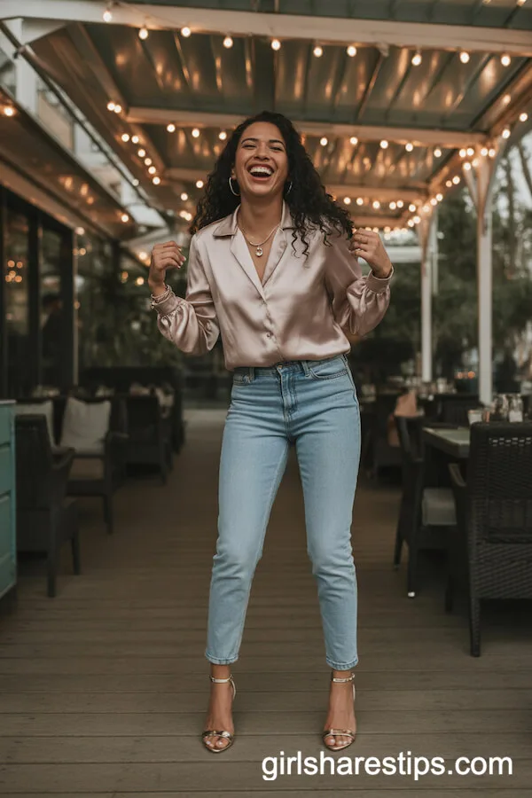 Satin Blouse with Skinny Jeans and Heeled Sandals Look
- **Satin Blouse**: Opt for a sleek, feminine blouse in a soft hue like blush or champagne for an elegant touch.
- **Skinny Jeans**: Choose high-waisted, dark-wash jeans to balance the blouse’s fluidity and elongate the legs.
- **Heeled Sandals**: Nude or metallic strappy sandals add height and polish, complementing the outfit’s sophistication.
- **Accessories**: Delicate gold jewelry and a structured mini bag keep the look refined.
- **Styling Tip**: Tuck the blouse fully or partially for a tailored silhouette, and cuff jeans slightly to highlight the sandals.