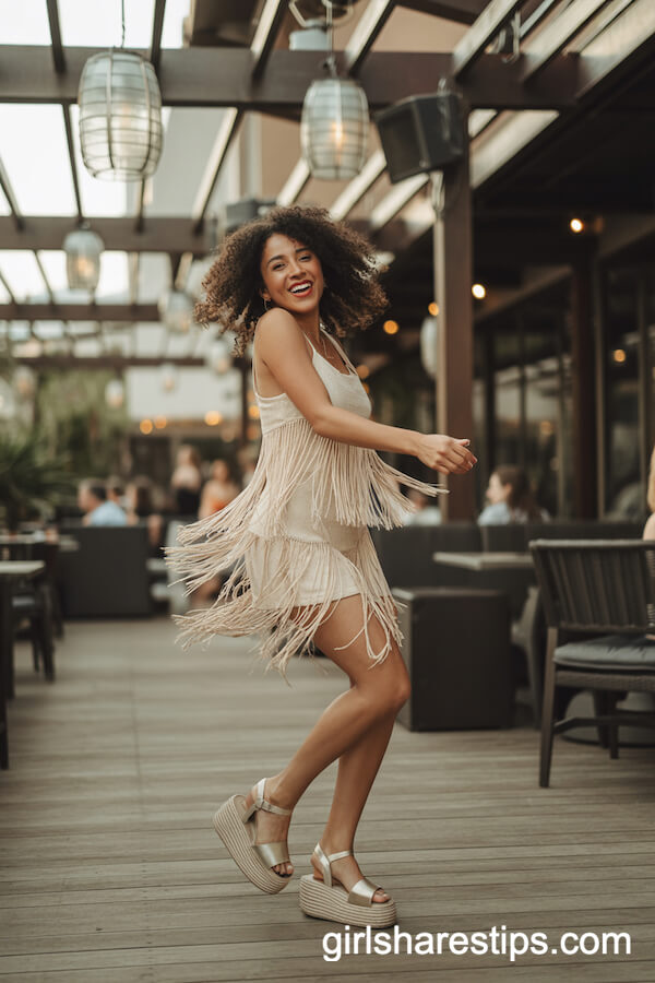 Cream Fringe Mini Dress with Platform Sandals Dance Look