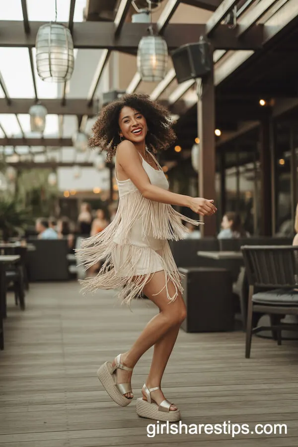 Cream Fringe Mini Dress with Platform Sandals Dance Look