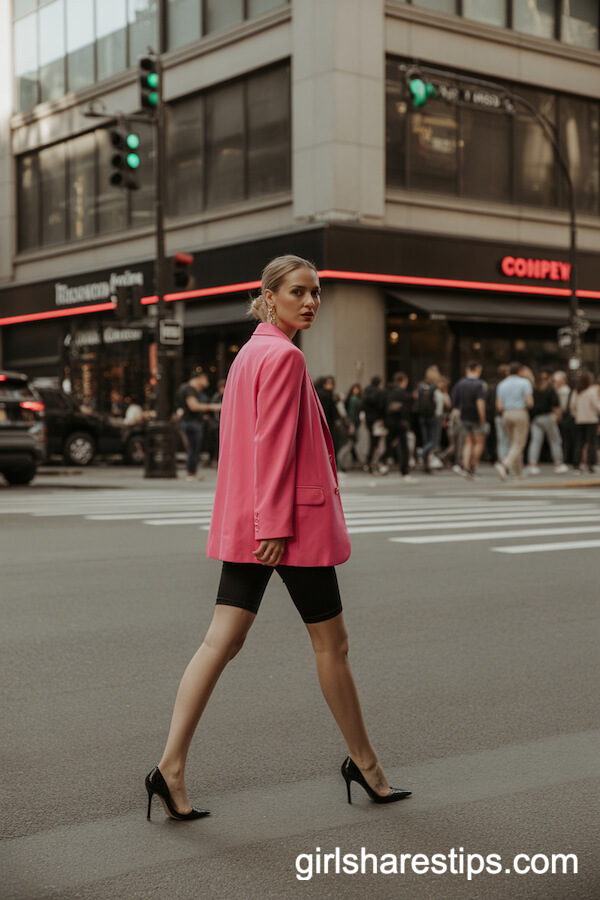 Hot Pink Oversized Blazer with Biker Shorts Trendy Style