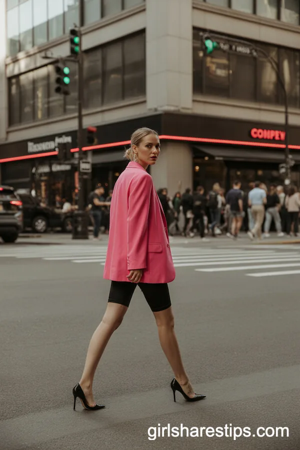 Hot Pink Oversized Blazer with Biker Shorts Trendy Style