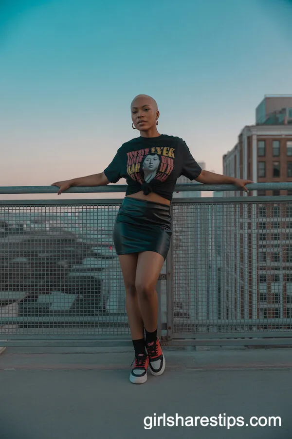 Graphic Tee and Faux Leather Mini Skirt Rooftop Outfit