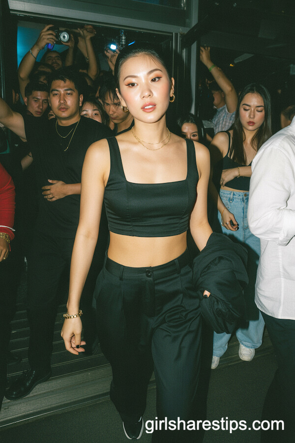 All-Black Crop Top and High-Waisted Trousers Club Look