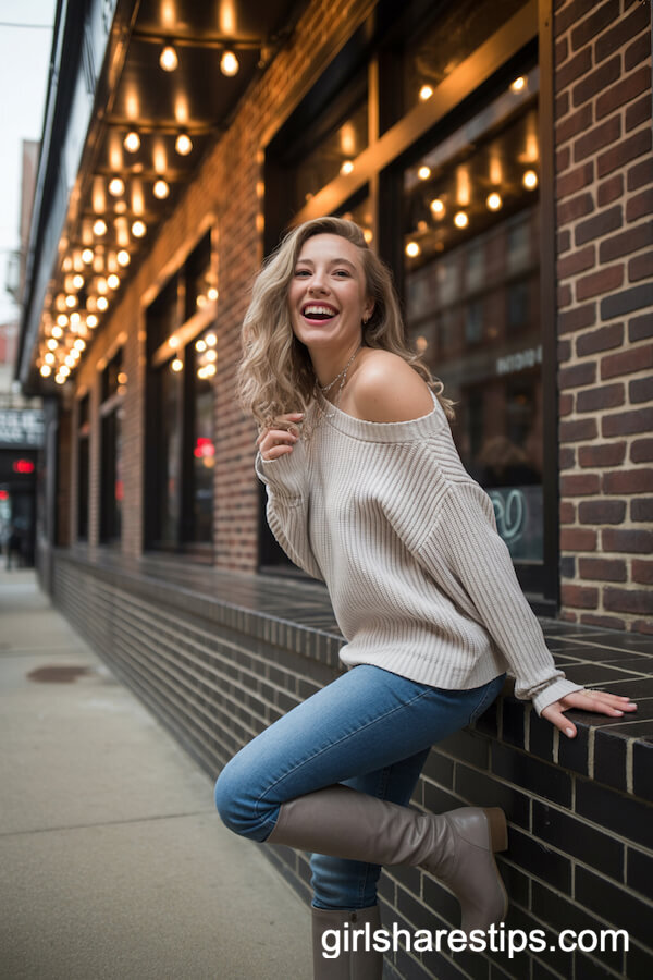 Off-the-Shoulder Sweater Skinny Jeans Boots Ensemble