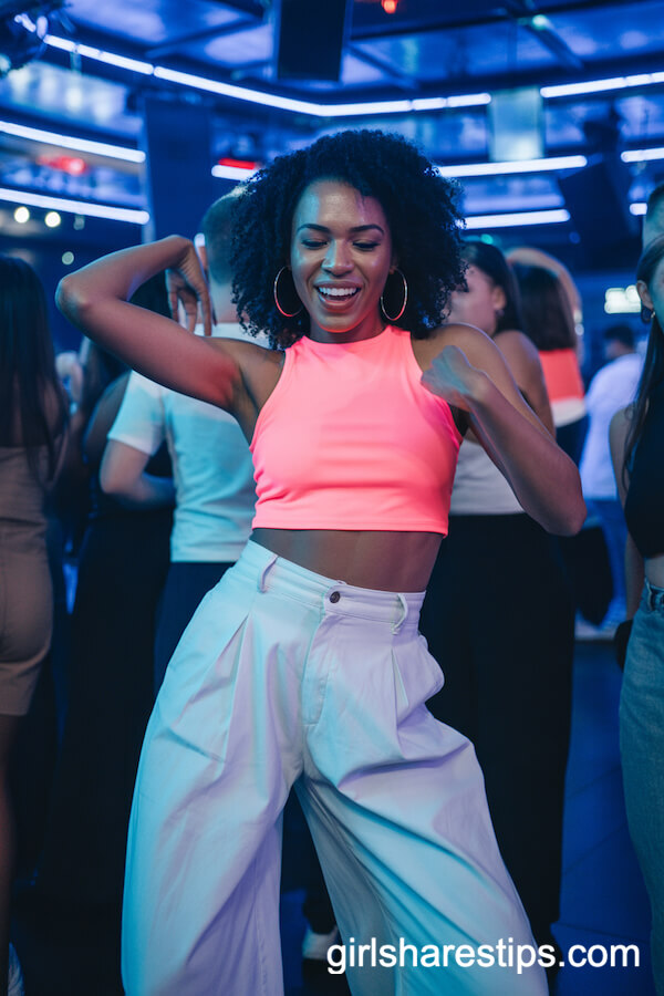 Neon Crop Top with High-Waisted Wide-Leg Pants Party Outfit