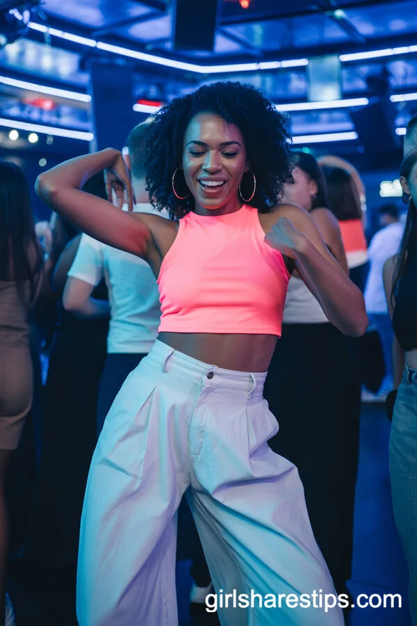 Neon Crop Top with High-Waisted Wide-Leg Pants Party Outfit