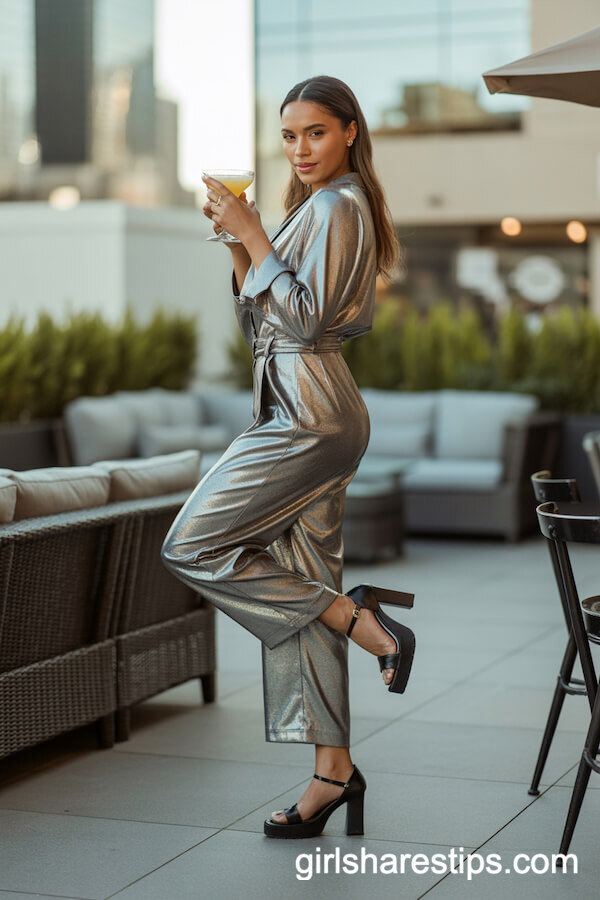 Silver Glitter Jumpsuit Chunky Heels Glam Attire