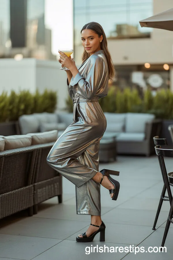 Silver Glitter Jumpsuit Chunky Heels Glam Attire