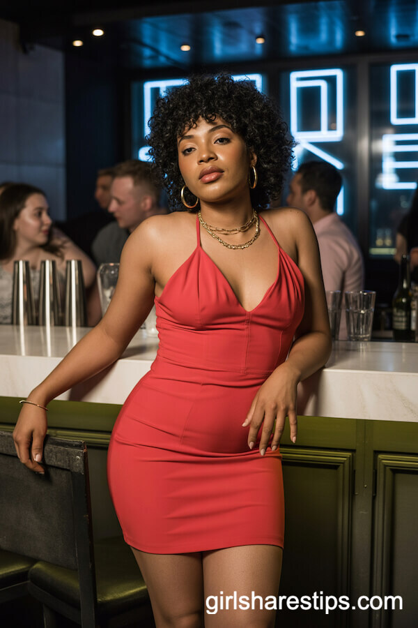 Red Bodycon Dress with Gold Jewelry Nightclub Style