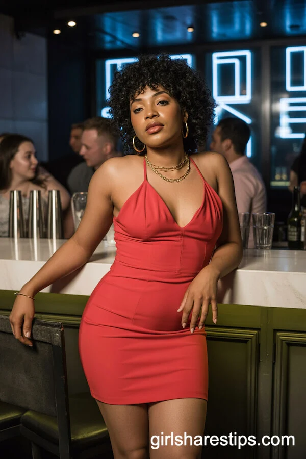 Red Bodycon Dress with Gold Jewelry Nightclub Style