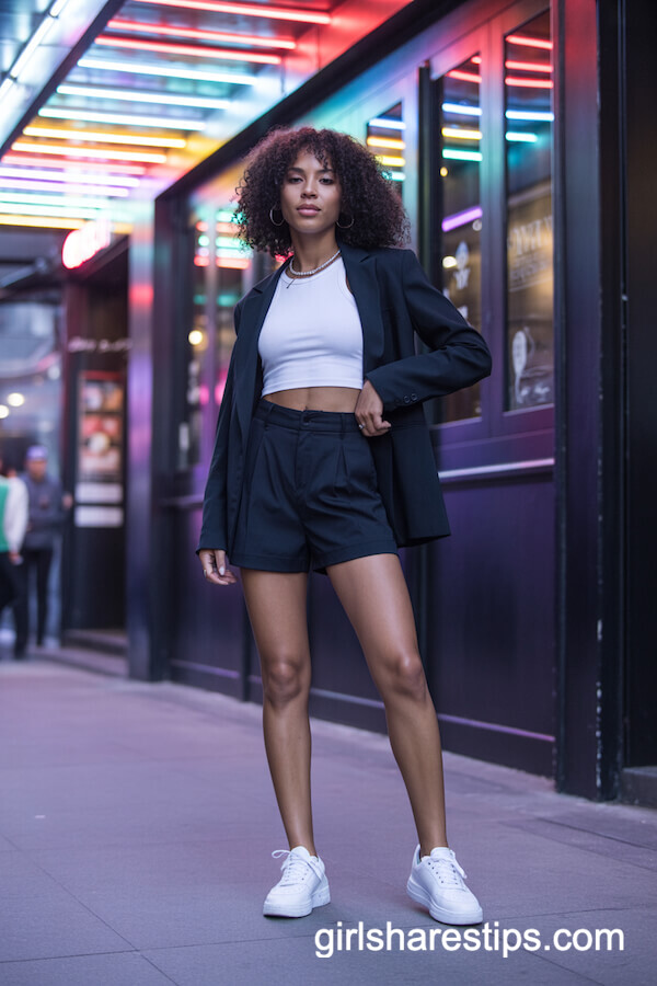 Black Blazer & White Crop Top with Tailored Shorts and Sneakers